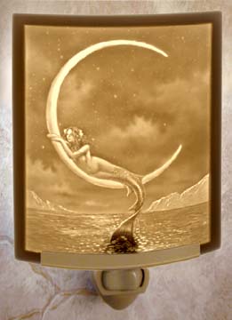 "Lithophane" Translucent Porcelain Mermaid & Moon Night Light Hand Crafted in the U.S.A. Artist: David Delamare