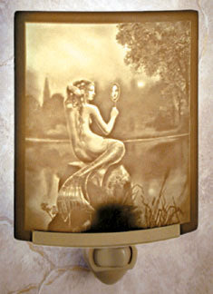 "Lithophane" Translucent Porcelain Mermaid & Mirror Night light. Hand Crafted in the U.S.A. Artist: David Delamare