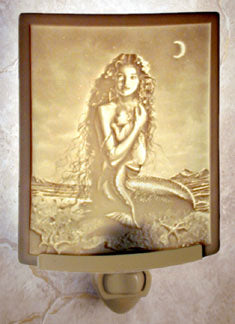 "Lithophane" Mermaid & Child Translucent Porcelain Night Light Hand Crafted in the U.S.A. Artist: David Delamare