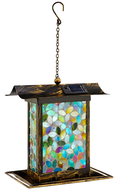 Mosaic Glass Blue Square Bird Feeder with Solar