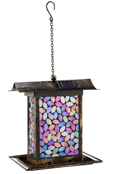 Mosaic Glass Pink Square Bird Feeder with Solar Lighting