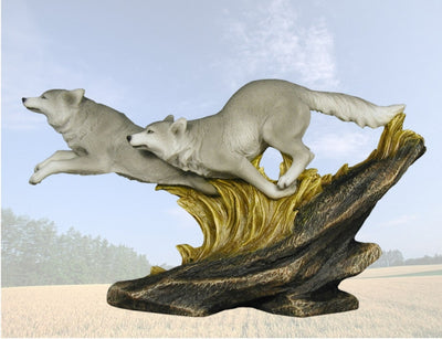 "Elysian Fields" Wolves Running on Rocks Sculpture