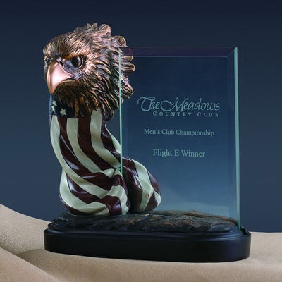 Glass Imprint Eagle head w/American Flag Trophy