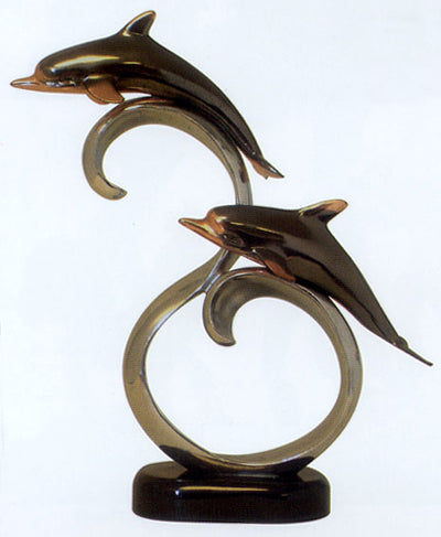 Bronze Coated Double Dolphins on Wave Sculpture