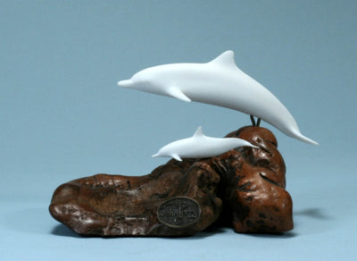 Mother & Calf Dolphin on Wood Sculpture