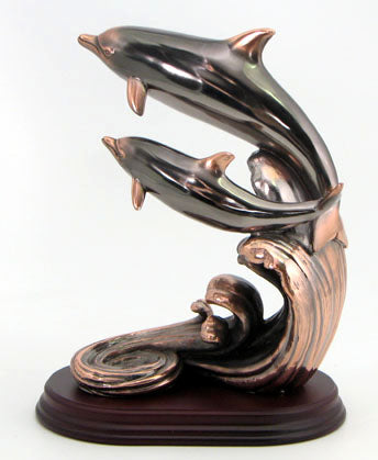Copper Plated Duo Dolphins on Wave Sculpture