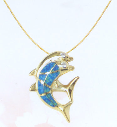 18K Gold with Opal Duo Dolphins Pendant